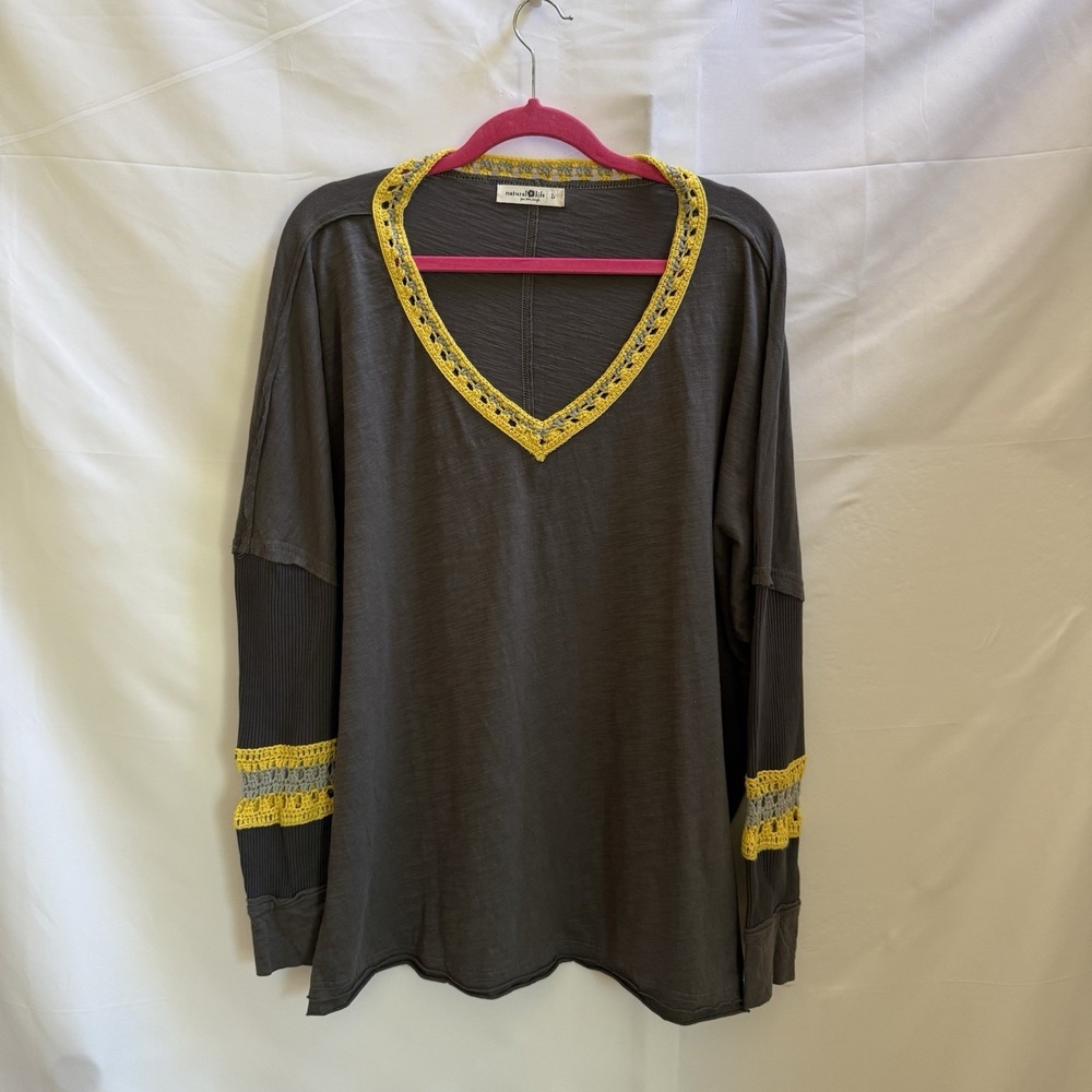 Natural Life Oversized Crochet Knit Tunic Size Large Gray Yellow Bohemian Hippie